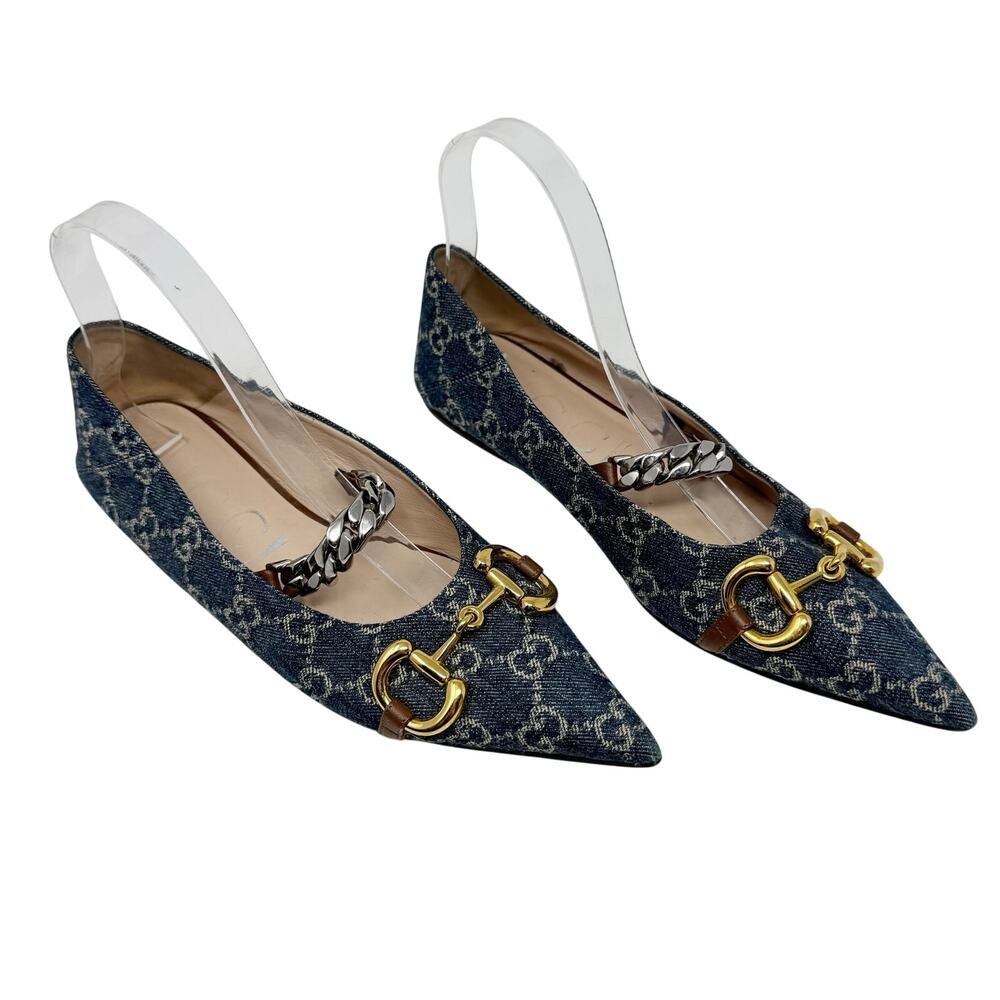 Gucci Vintage GG Monogram Denim Horsebit Chain Pointed Toe Ballet Flats 38.5